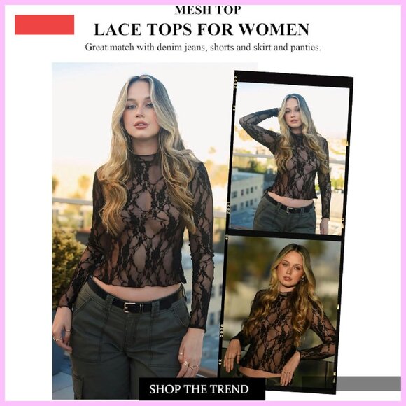 Sheer Mesh Long Sleeve Mock Neck Blouse Floral Lace Top - Picture 2 of 4